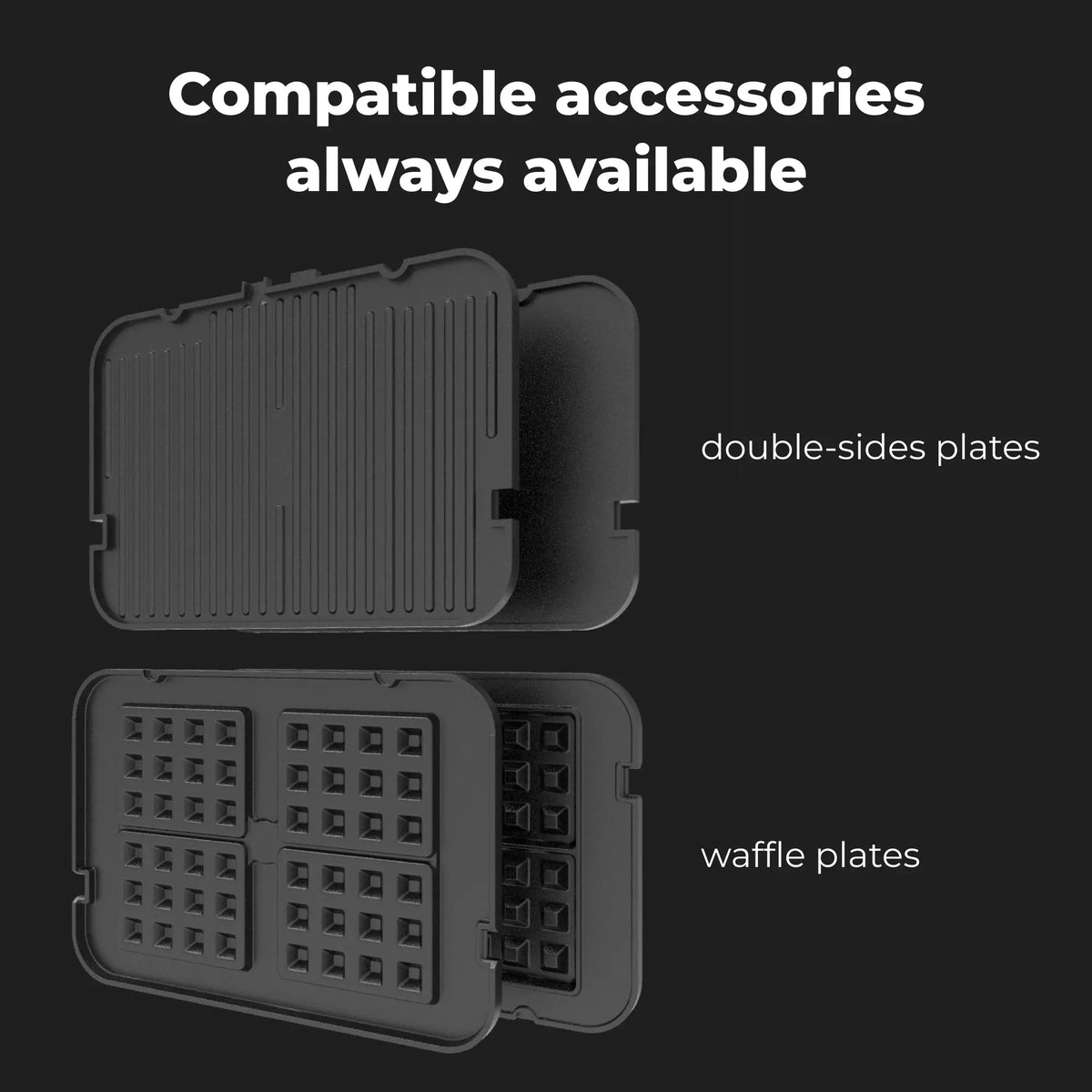 Additional compatible accessories for the Aeno Electric Grills. One with a double-sided design and the other with a waffle pattern, on a dark background.