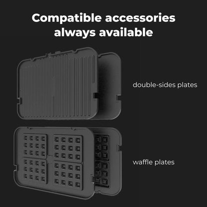 Additional compatible accessories for the Aeno Electric Grills. One with a double-sided design and the other with a waffle pattern, on a dark background.