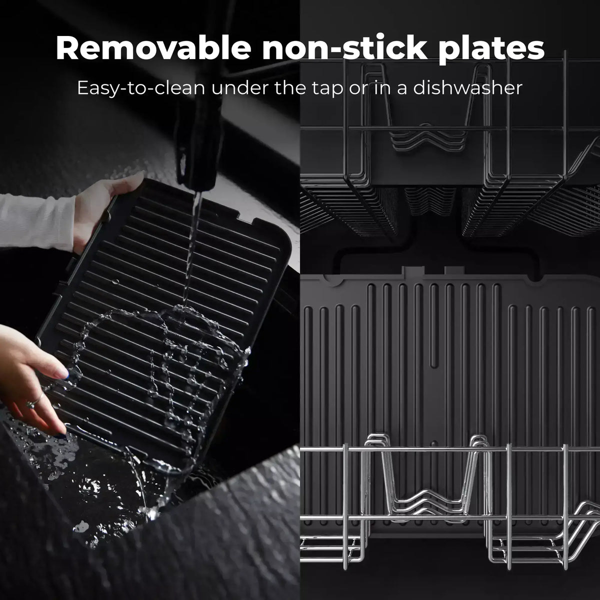 Removable non-stick plates being washed and shown after cleaning with text indicating ease of cleaning.