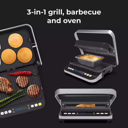Aeno EG1 Electric Grill showing grill, barbecue, and oven functions with food on a black background.