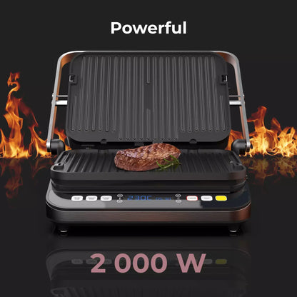 Aeno EG1 grill with a steak on it, flames on sides, and 'Powerful' text above.