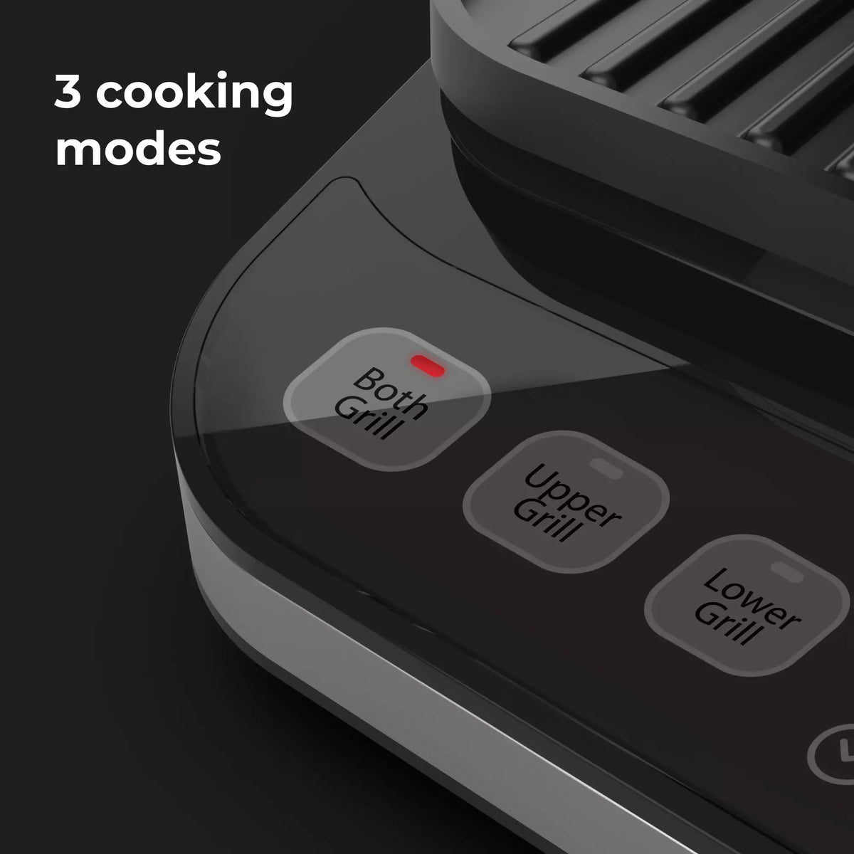 Aeno EG1 Control panel with three cooking mode buttons labeled 'Both Grill', 'Upper Grill', and 'Lower Grill' on a dark background.