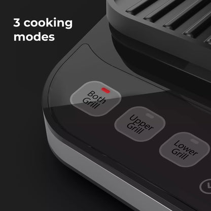 Aeno EG1 Control panel with three cooking mode buttons labeled 'Both Grill', 'Upper Grill', and 'Lower Grill' on a dark background.
