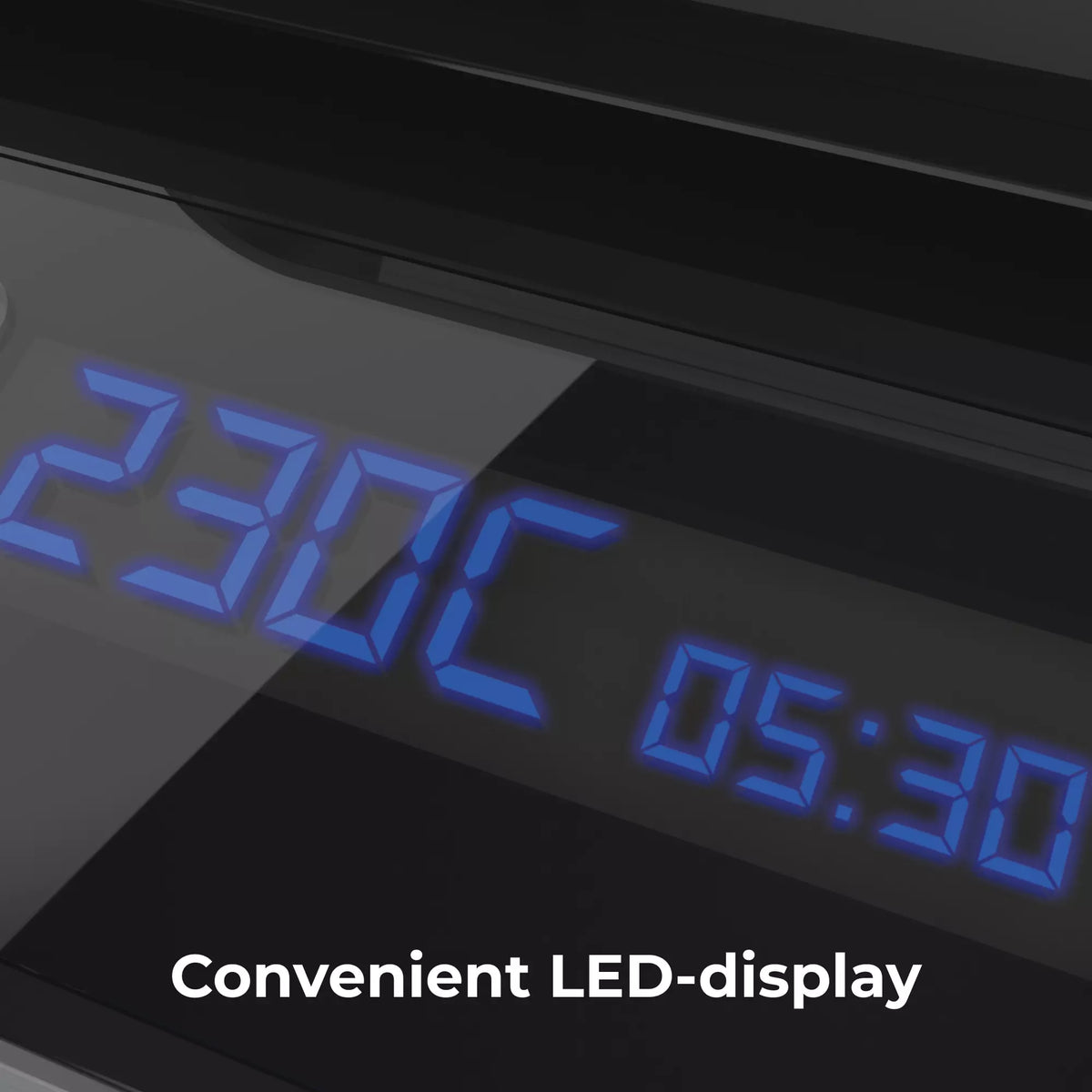 Digital display showing temperature and time with blue LED text on a black background.
