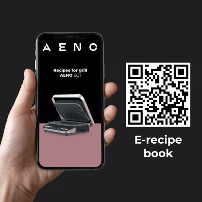 Hand holding a phone displaying an AENO e-recipe book with a QR code on a black background