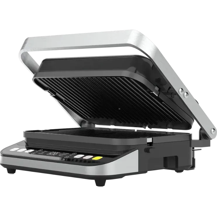 Side view of an open Aeno EG5 Electric Grill on a white background