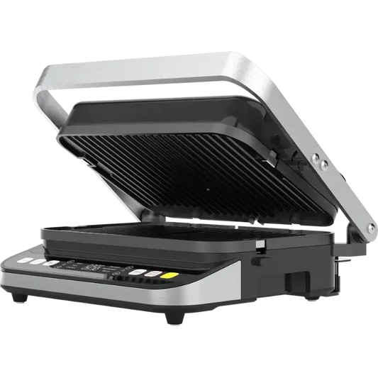 Side view of an open Aeno EG5 Electric Grill on a white background
