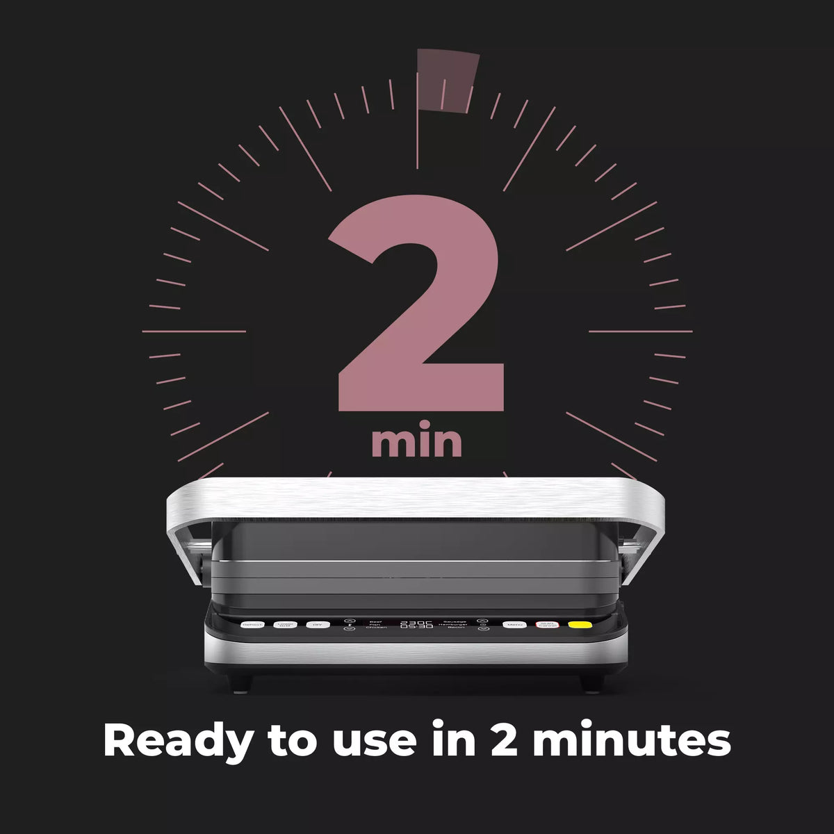 Aeno EG5 with a pink '2 min' timer graphic on a black background, indicating readiness in two minutes.