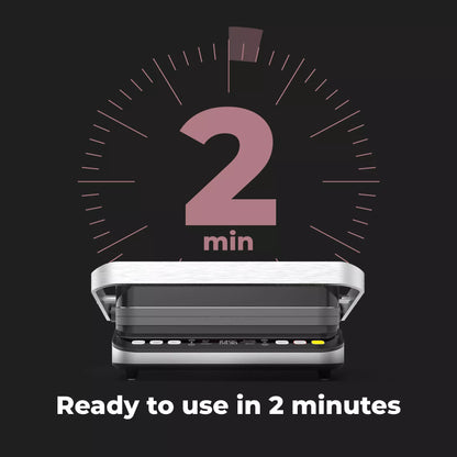 Aeno EG5 with a pink '2 min' timer graphic on a black background, indicating readiness in two minutes.