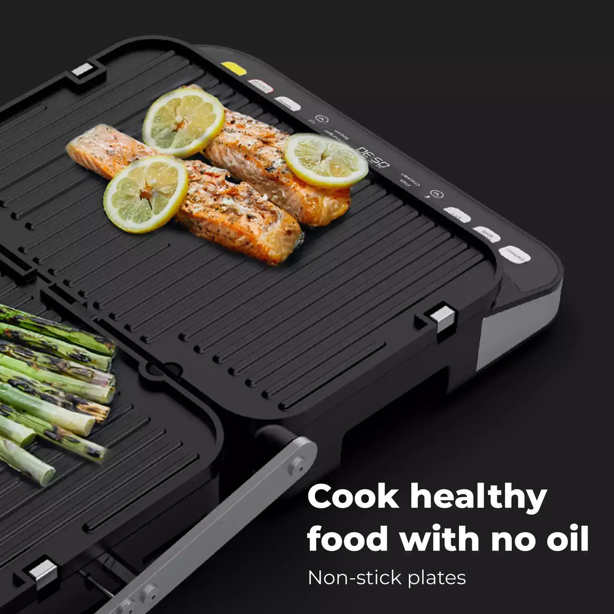 Black grill with salmon and asparagus on a dark background, featuring text about non-stick plates.