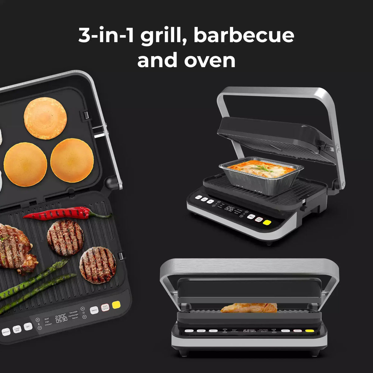 Aeno EG5 Electric Grill with grill, barbecue, and oven functions on a black background.
