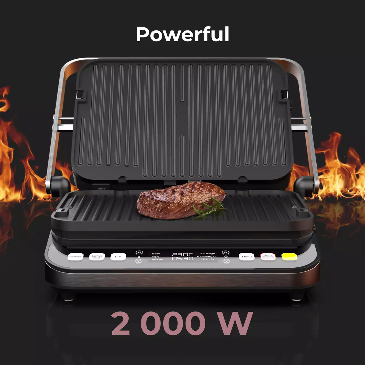 Grill with a piece of meat on it, flames on either side, and 'Powerful' text above.