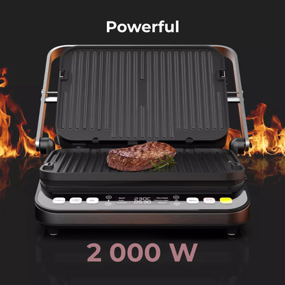 Grill with a piece of meat on it, flames on either side, and 'Powerful' text above.