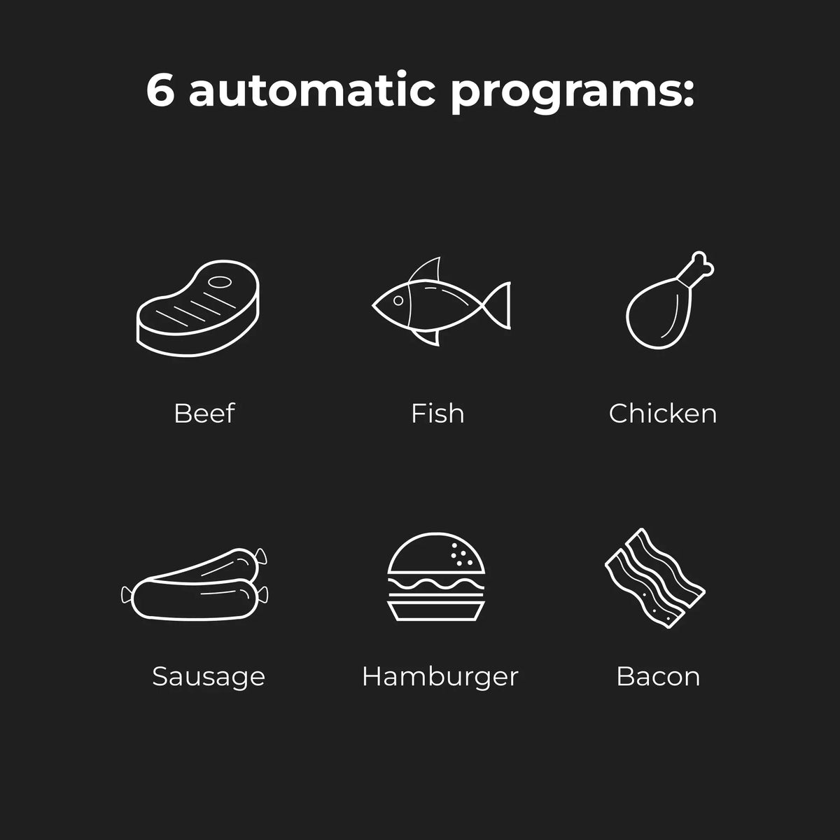 Icons of different food categories on a black background with text '6 automatic programs'.