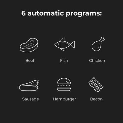 Icons of different food categories on a black background with text '6 automatic programs'.
