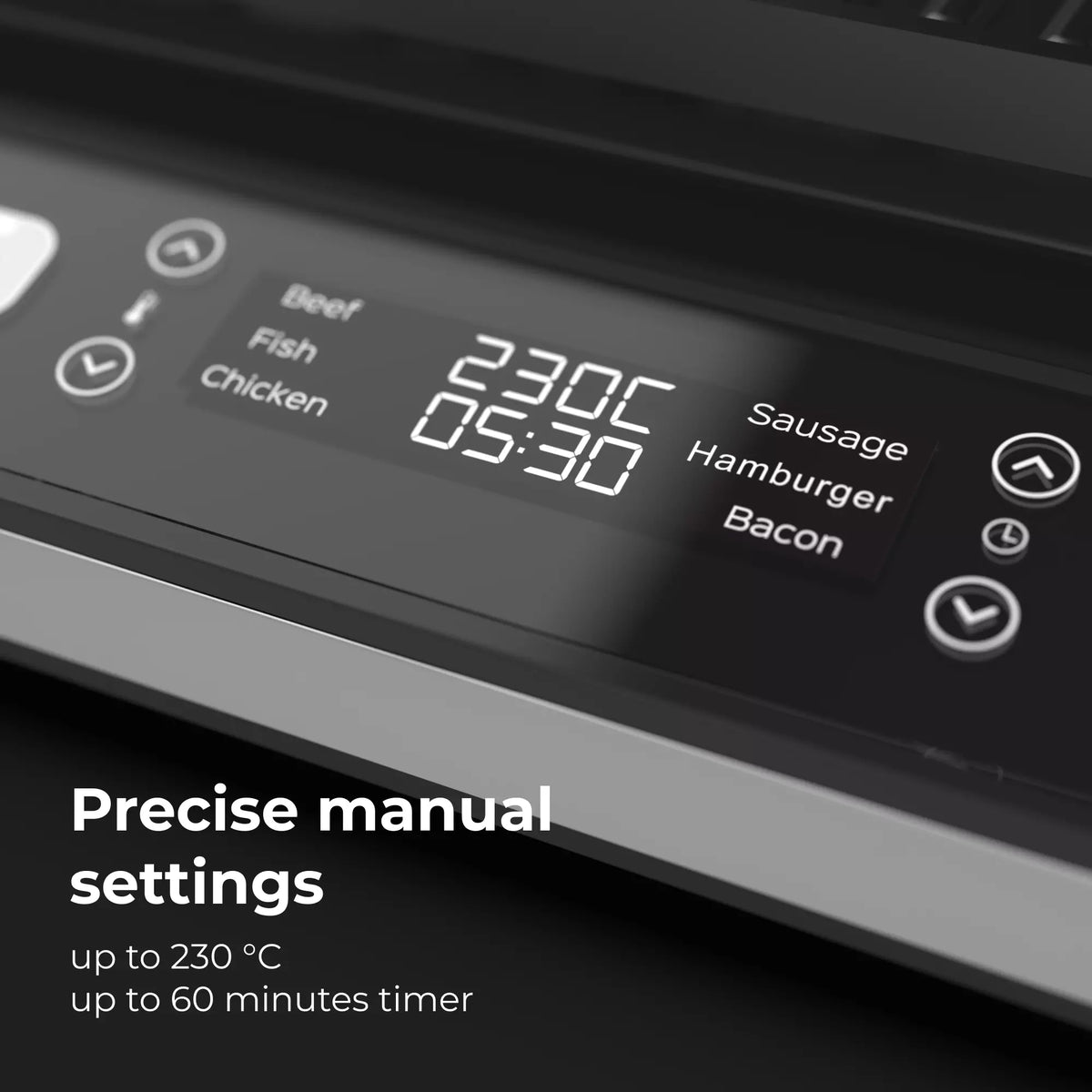 Digital display on the Aeno EG5 Electric Grill with cooking settings and timer.