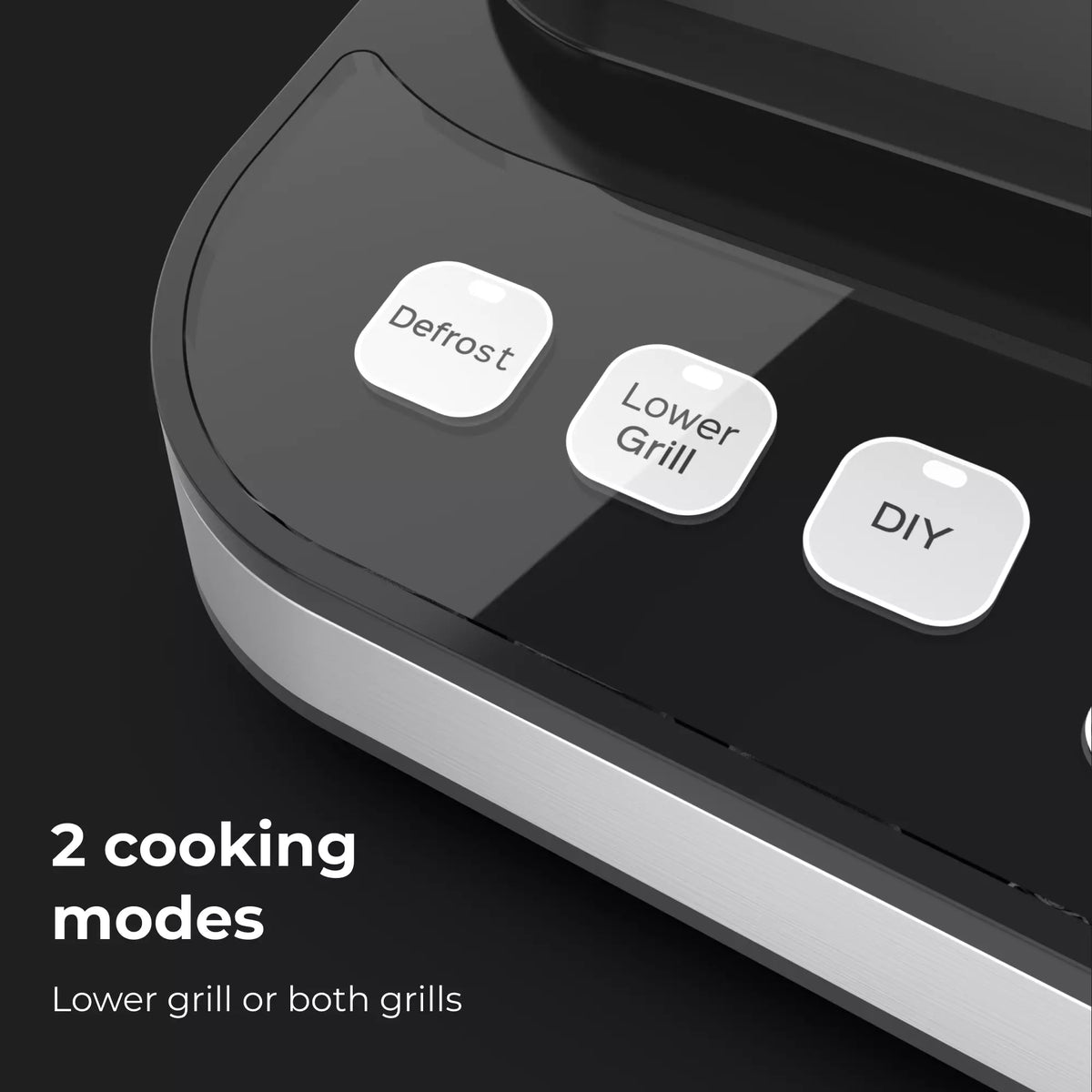 Control panel with buttons labeled 'Defrost', 'Lower Grill', and 'DIY' on a black background.