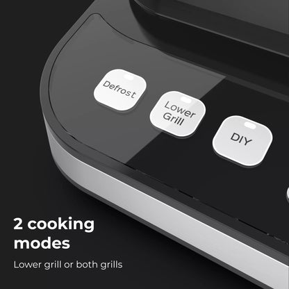 Control panel with buttons labeled 'Defrost', 'Lower Grill', and 'DIY' on a black background.
