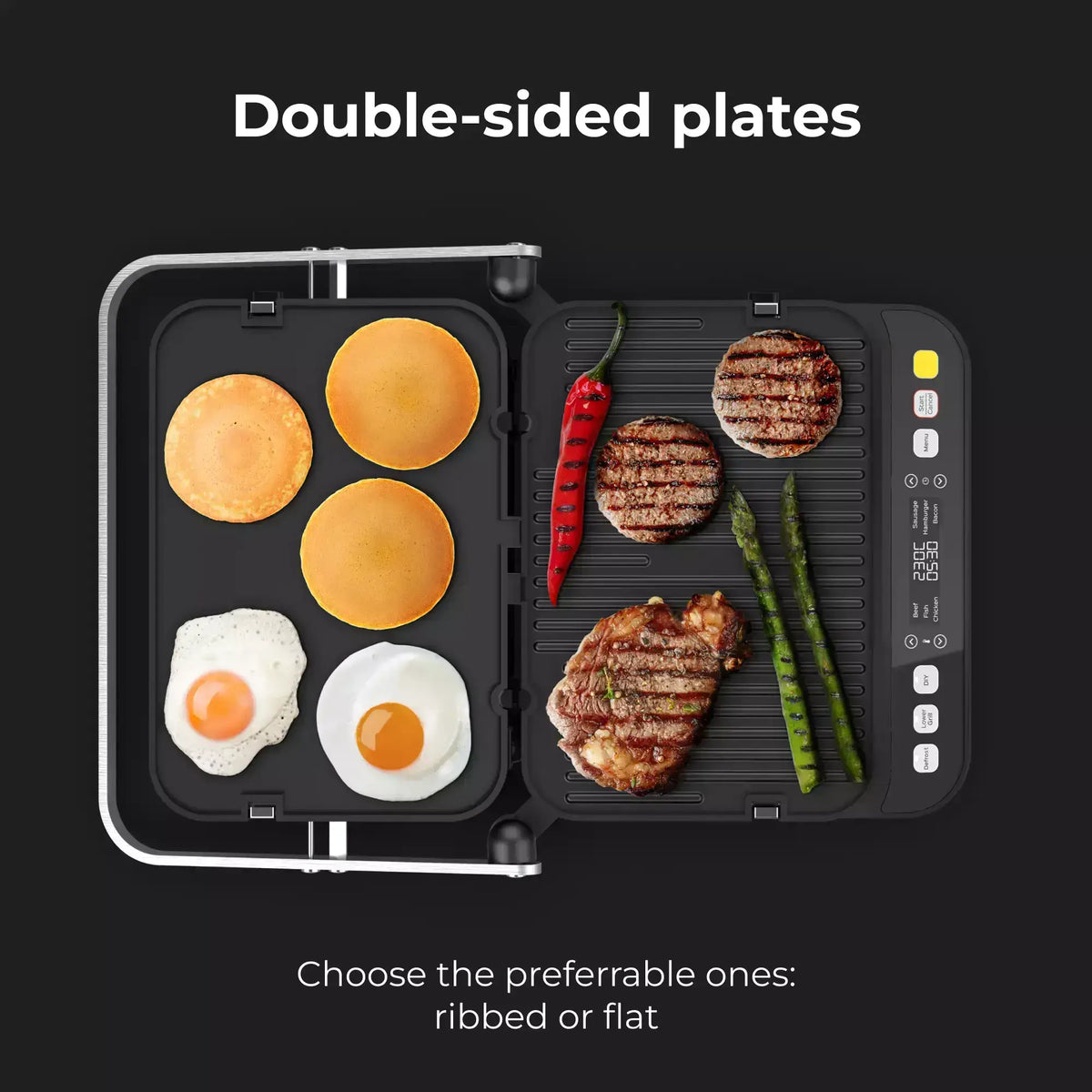 Double-sided grill with food items on ribbed and flat surfaces, labeled 'Double-sided plates'.