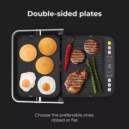 Double-sided grill with food items on ribbed and flat surfaces, labeled 'Double-sided plates'.