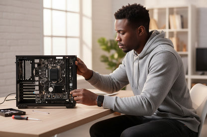 Motherboard installed in a Micro-ATX case.

