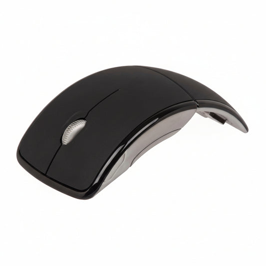 The graphite black M-Link mouse in its curved, arc-shaped position for use.

