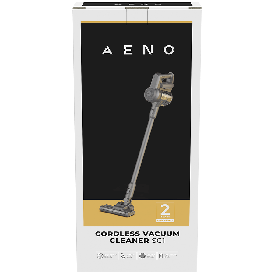Aeno cordless vacuum cleaner packaging on a white background