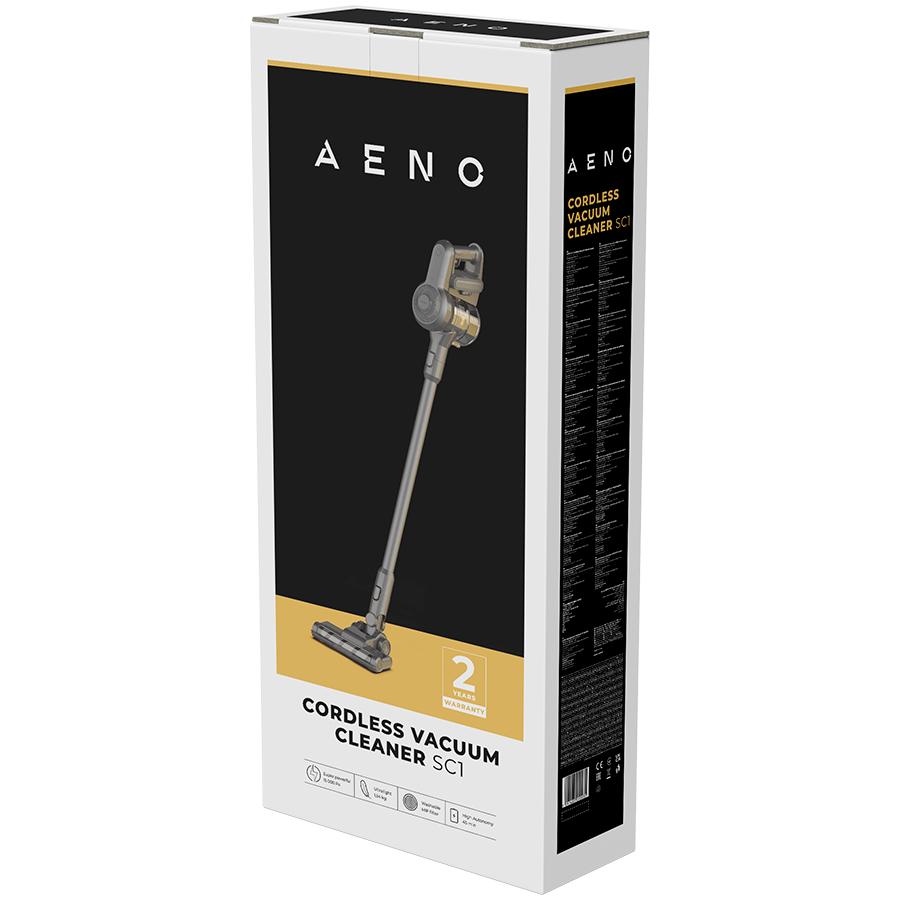Aeno cordless vacuum cleaner packaging on a white background