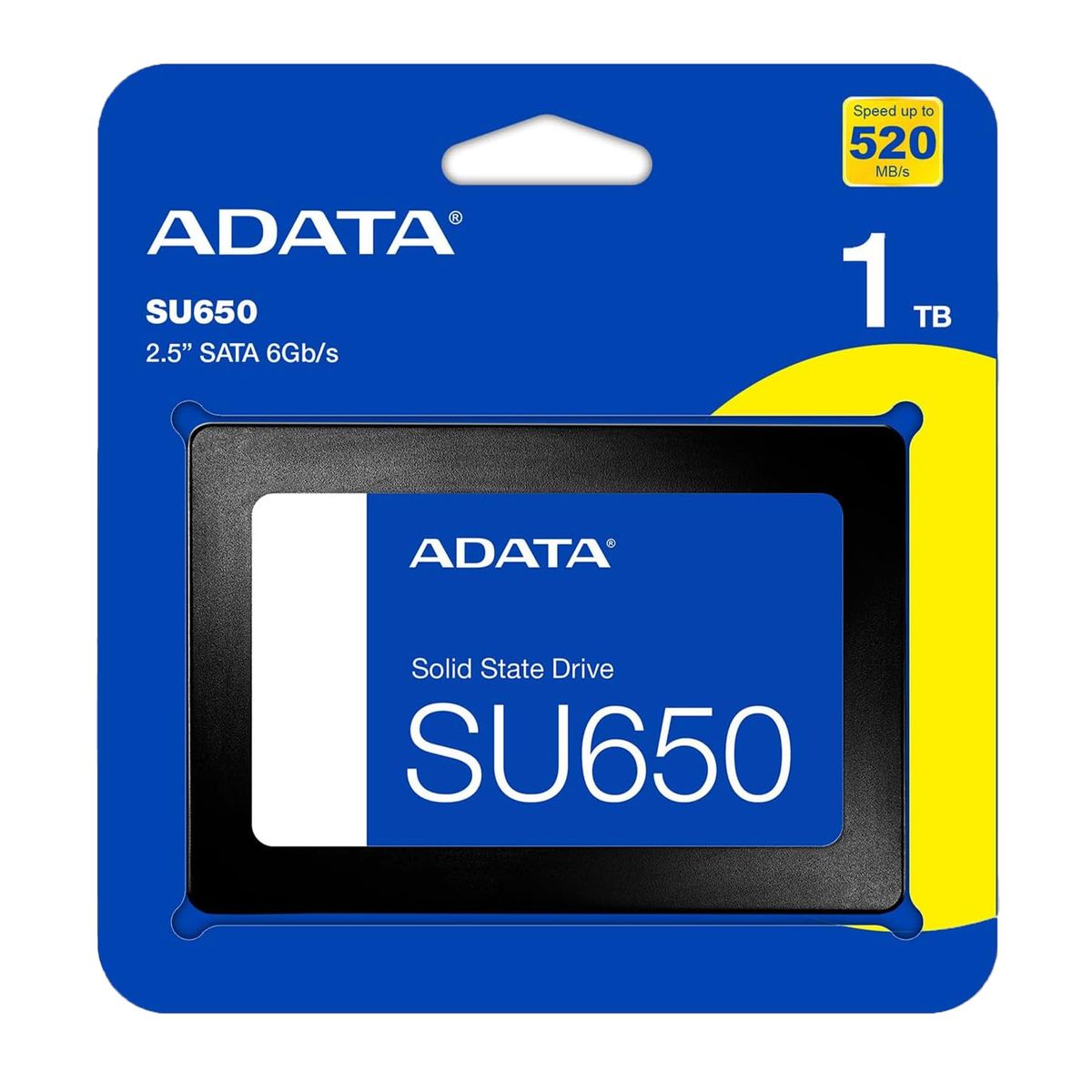 Adata SU650 solid state drive packaging with blue and yellow design.