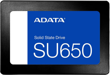 ADATA SU650 solid state drive with blue and white label on black background