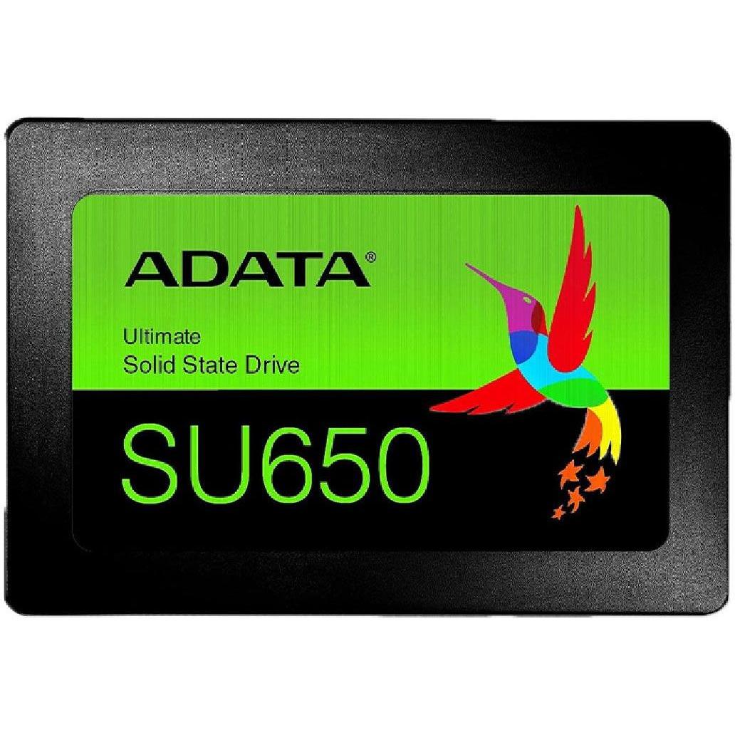ADATA SU650 solid state drive with green label on a white background