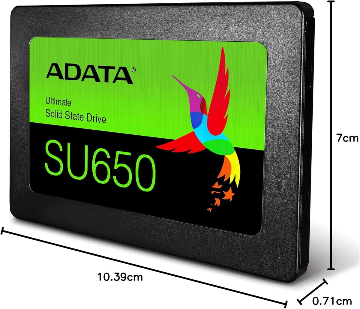 ADATA SU650 solid state drive with dimensions labeled