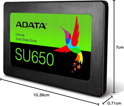 ADATA SU650 solid state drive with dimensions labeled