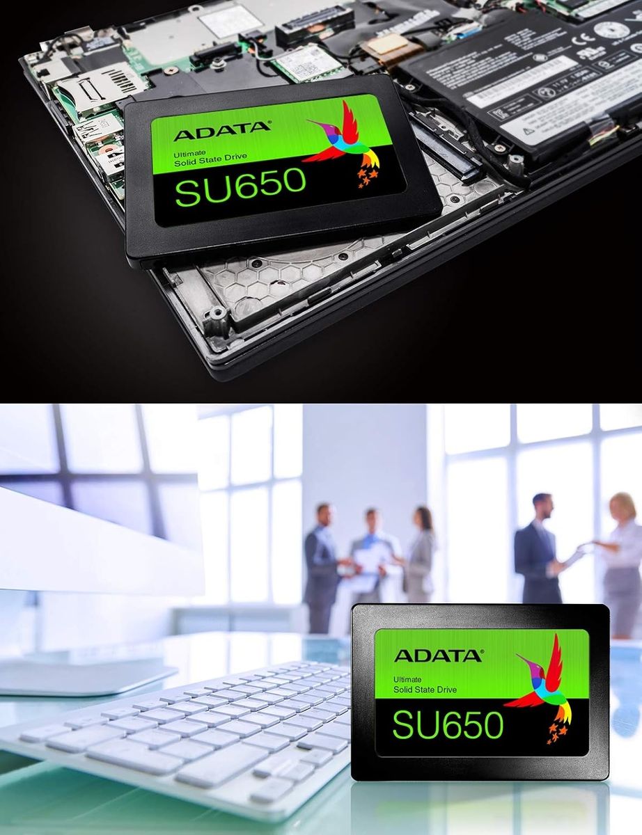 ADATA SU650 SSD on a computer motherboard and in front of a group of people in an office setting.