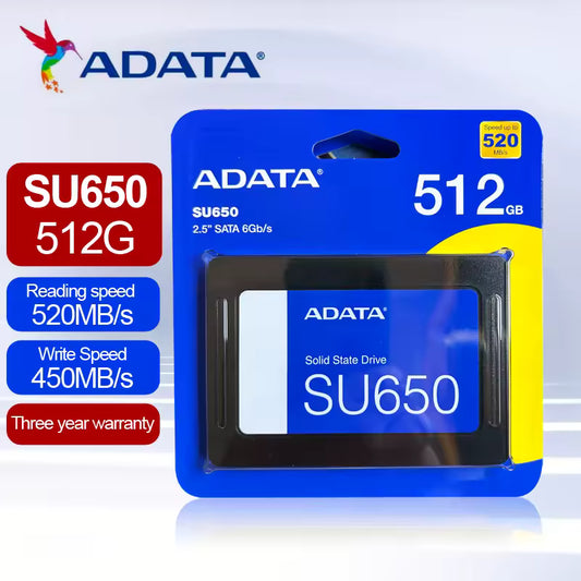 ADATA SU650 SSD packaging with specifications on a white background
