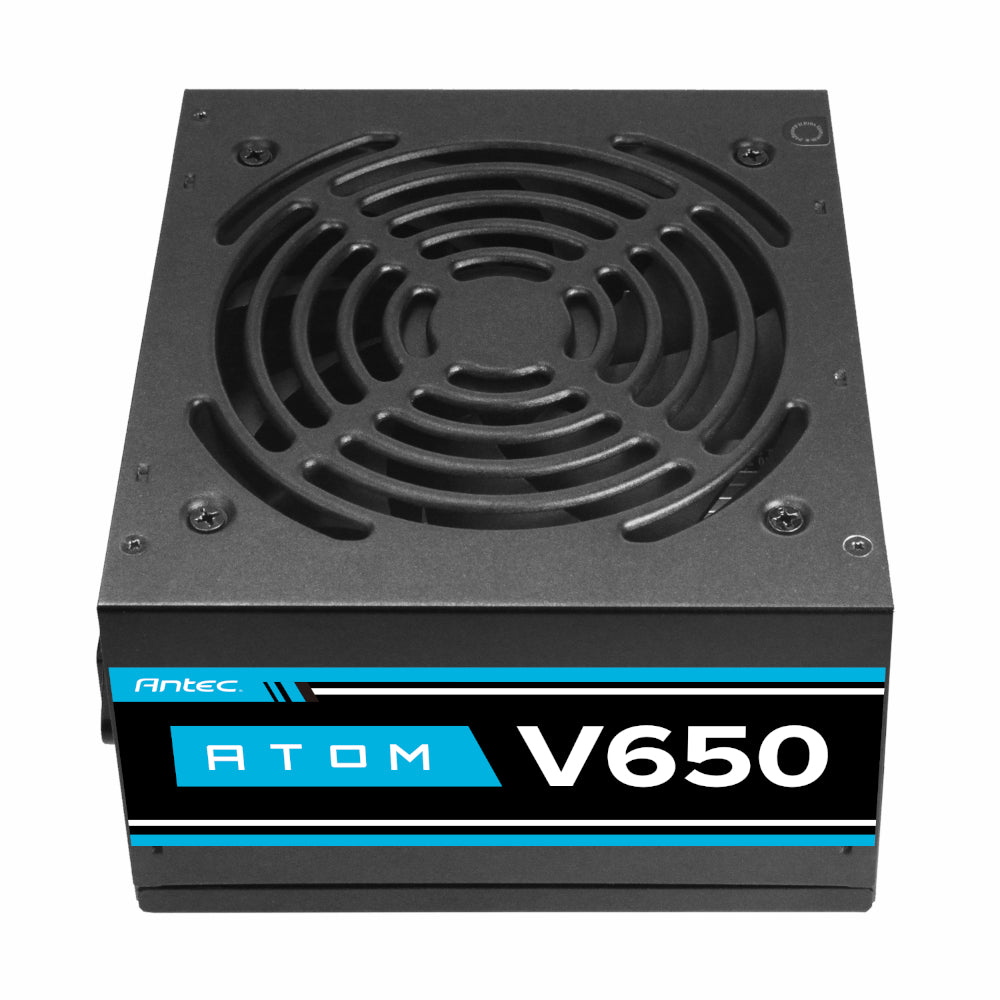 Antec Atom V650 power supply unit with fan on a white background