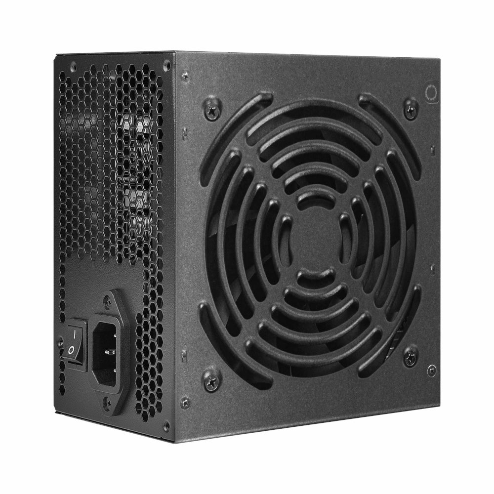 Black computer power supply unit with fan on a white background