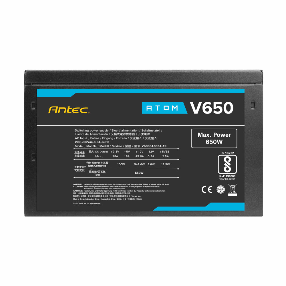 Antec Atom V650 power supply unit on a white background