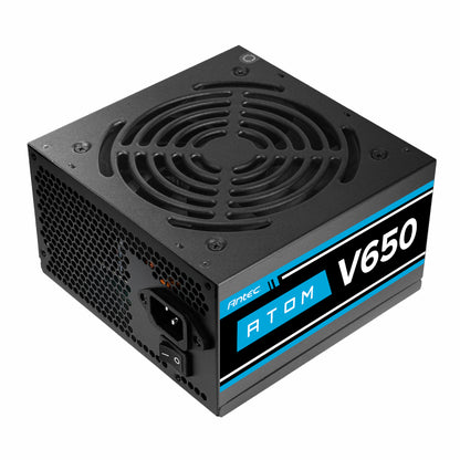 Power supply unit with 'V650' and 'ATOM' branding on a white background