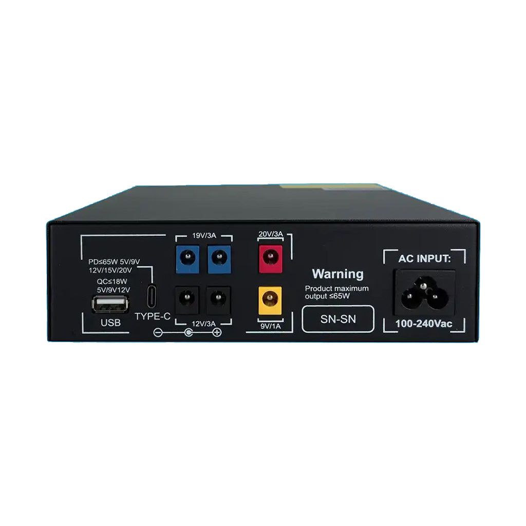 Close-up of the output ports: DC, USB-A, and USB-C.

