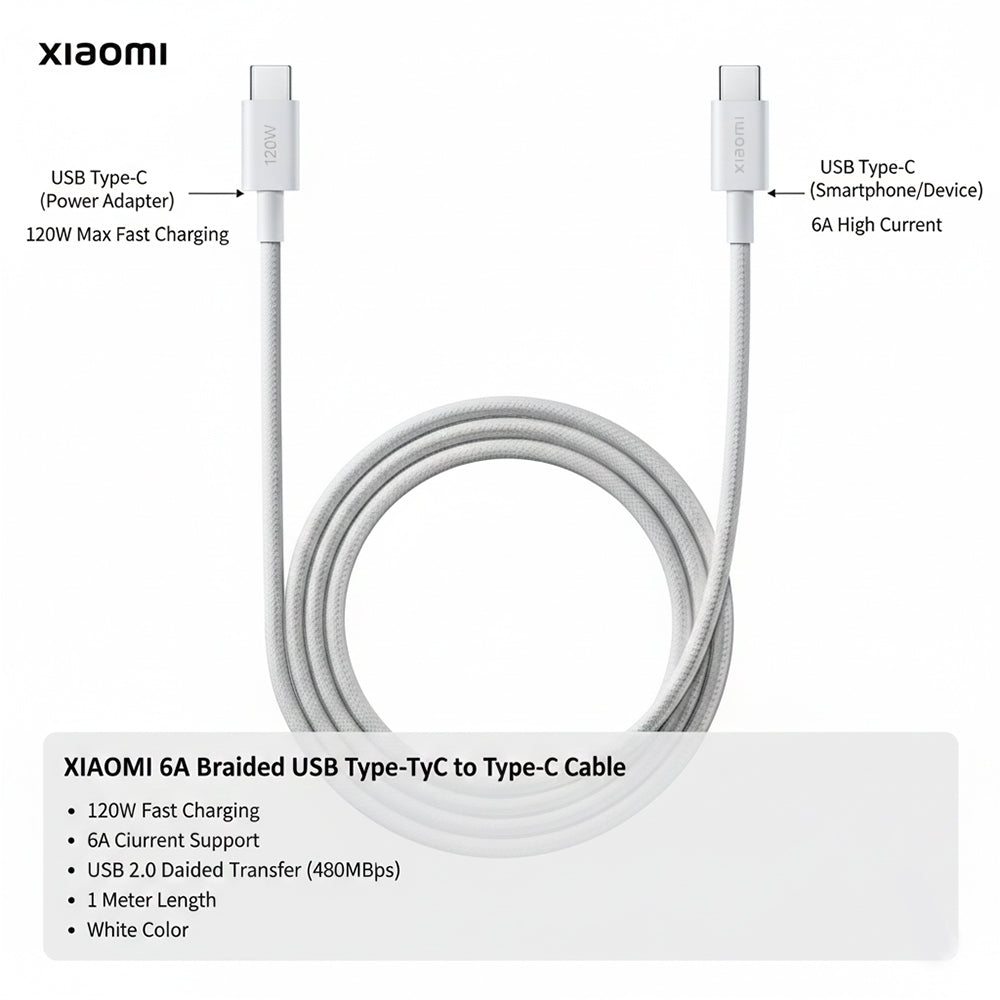 Xiaomi 6A Braided USB Type-C to USB Type-C Cable (1m) - White