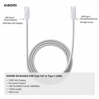 Xiaomi 6A Braided USB Type-C to USB Type-C Cable (1m) - White