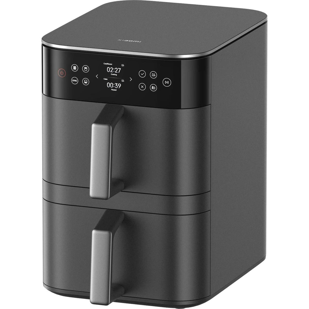 Black air fryer with digital display on a white background