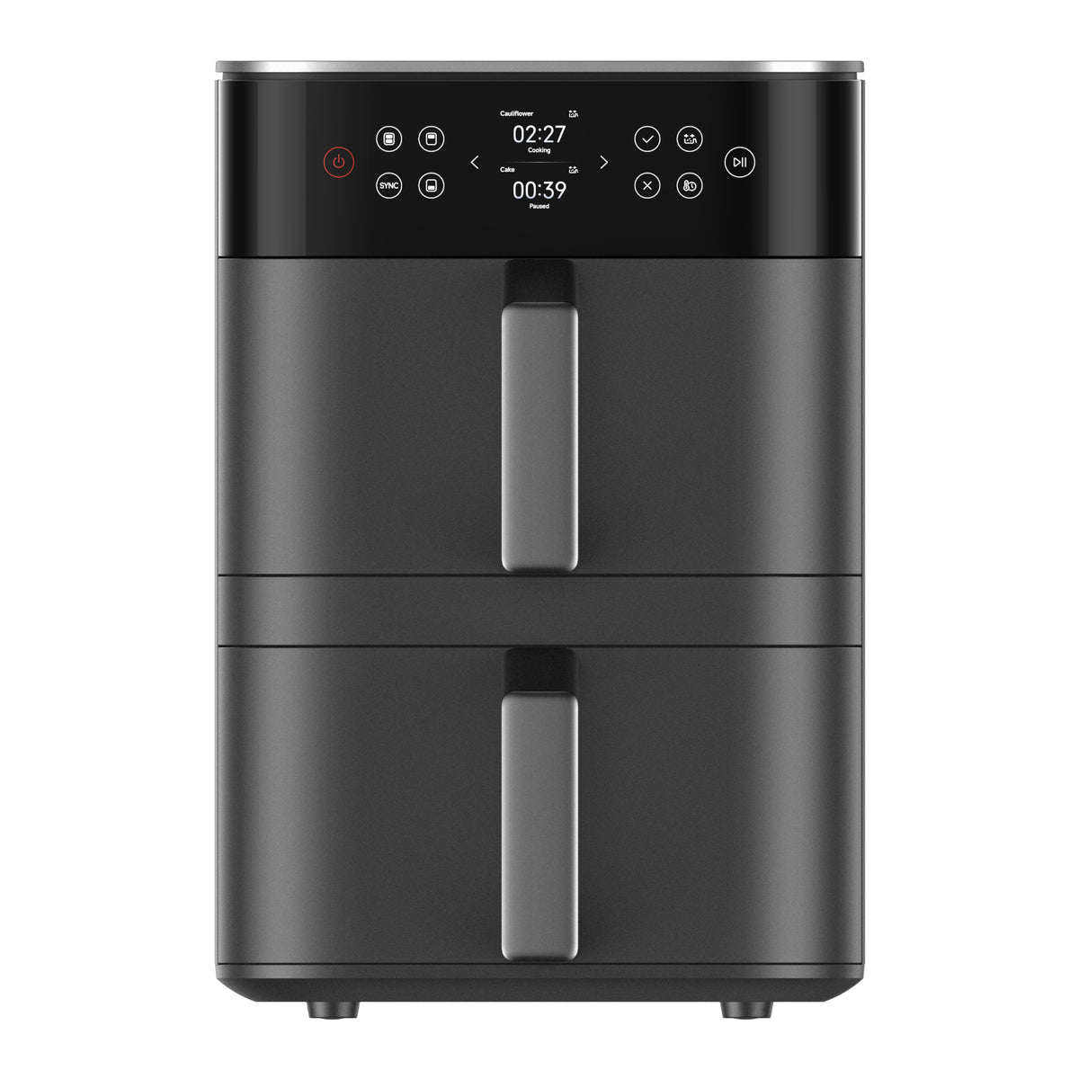 Black air fryer with digital display on a white background