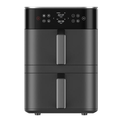 Black air fryer with digital display on a white background