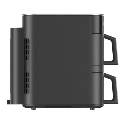 Black coffee maker with two mugs on a white background