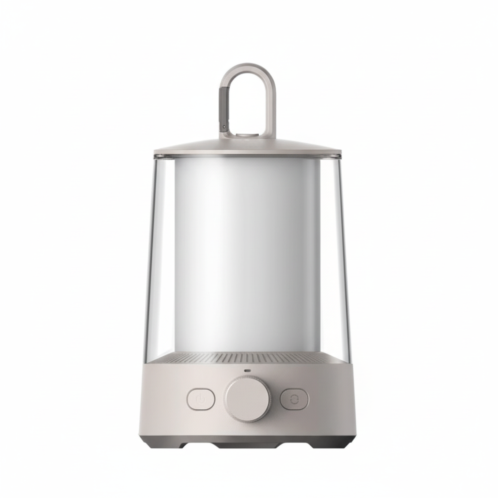 Front view of the white Xiaomi camping lantern with its detachable secondary light.


