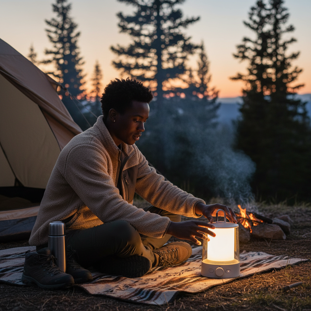 The lantern displaying a warm, candle-like glow in a dark tent.

