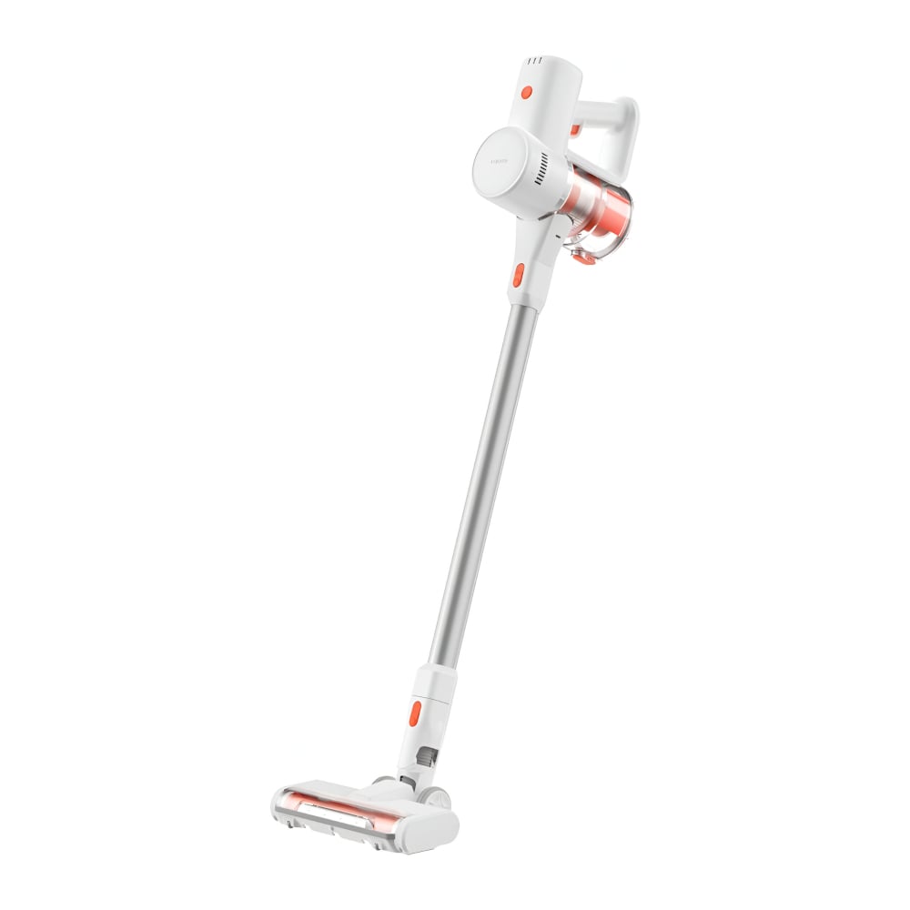 A white and orange Xiaomi Vacuum Cleaner G20 Lite with a slim body and a cleaning head, designed for floor cleaning.