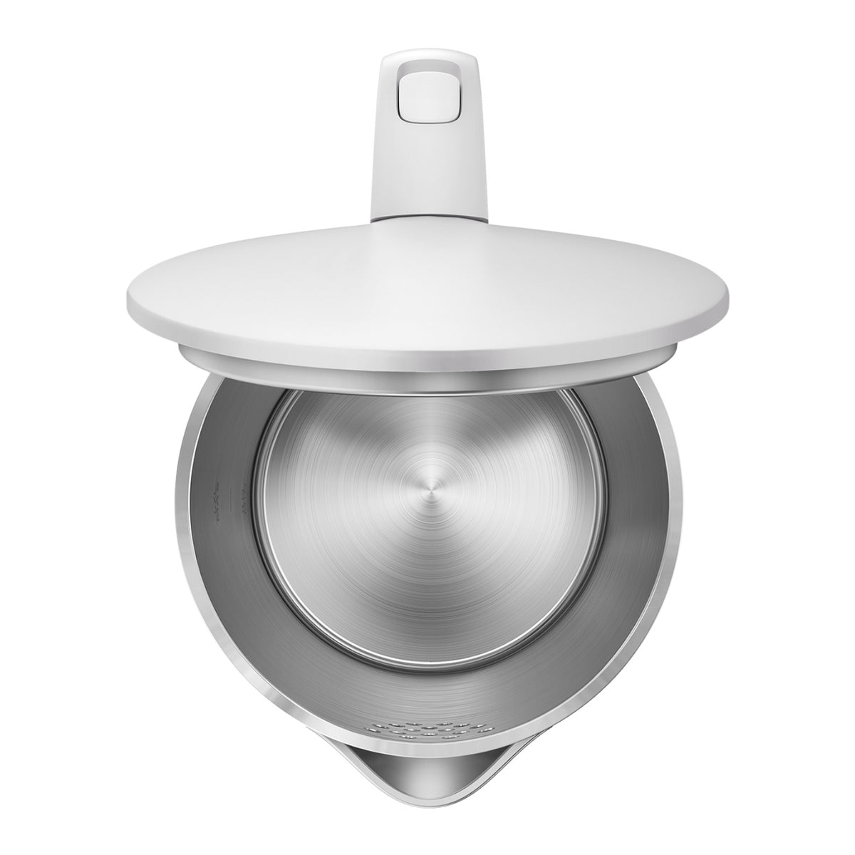 Metallic kitchen tool with a white top on a white background